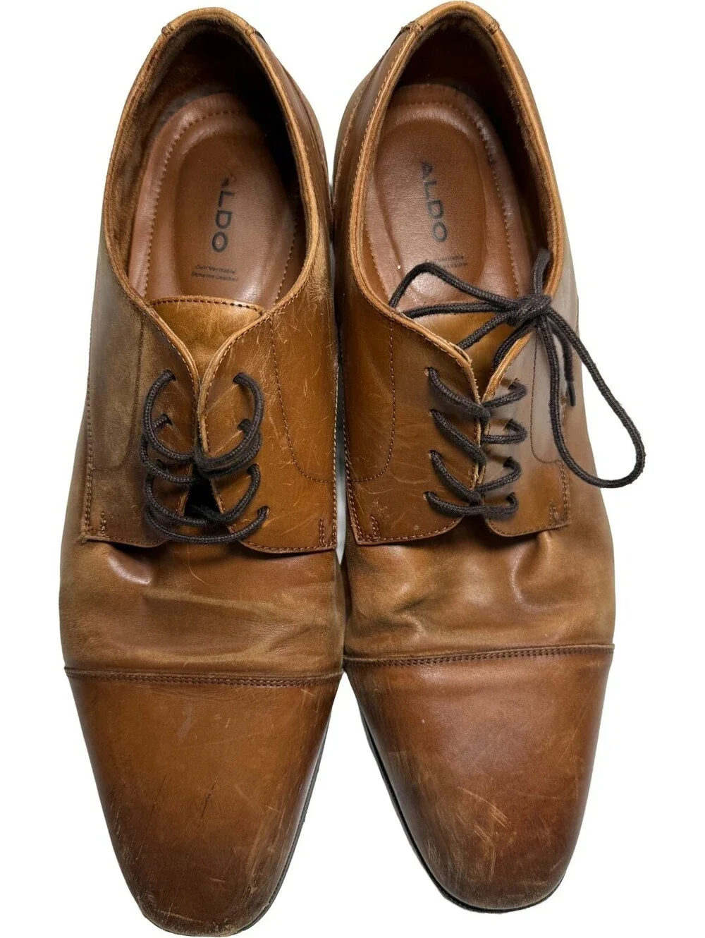Aldo Flex Square Cap Toe Oxford Cognac Brown Leather Dress Shoes Mens 12 Lace Up
